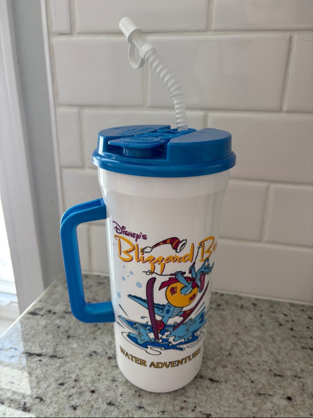 Vintage 90s Disney Blizzard Beach Whirley water bottle with straw